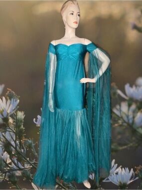 Off Shoulder Teal Green Sheer Elegant Dress